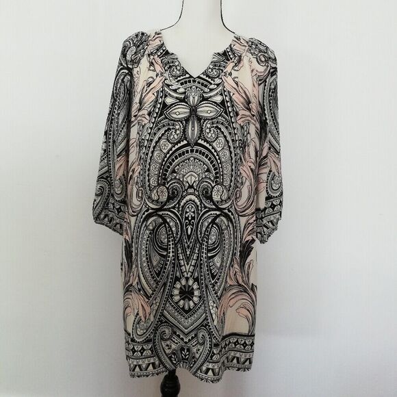 buttons Dresses & Skirts - Buttons Ornate Print 3/4 Sleeve Split V-Neck Casual Shift Dress Women's  Size L
